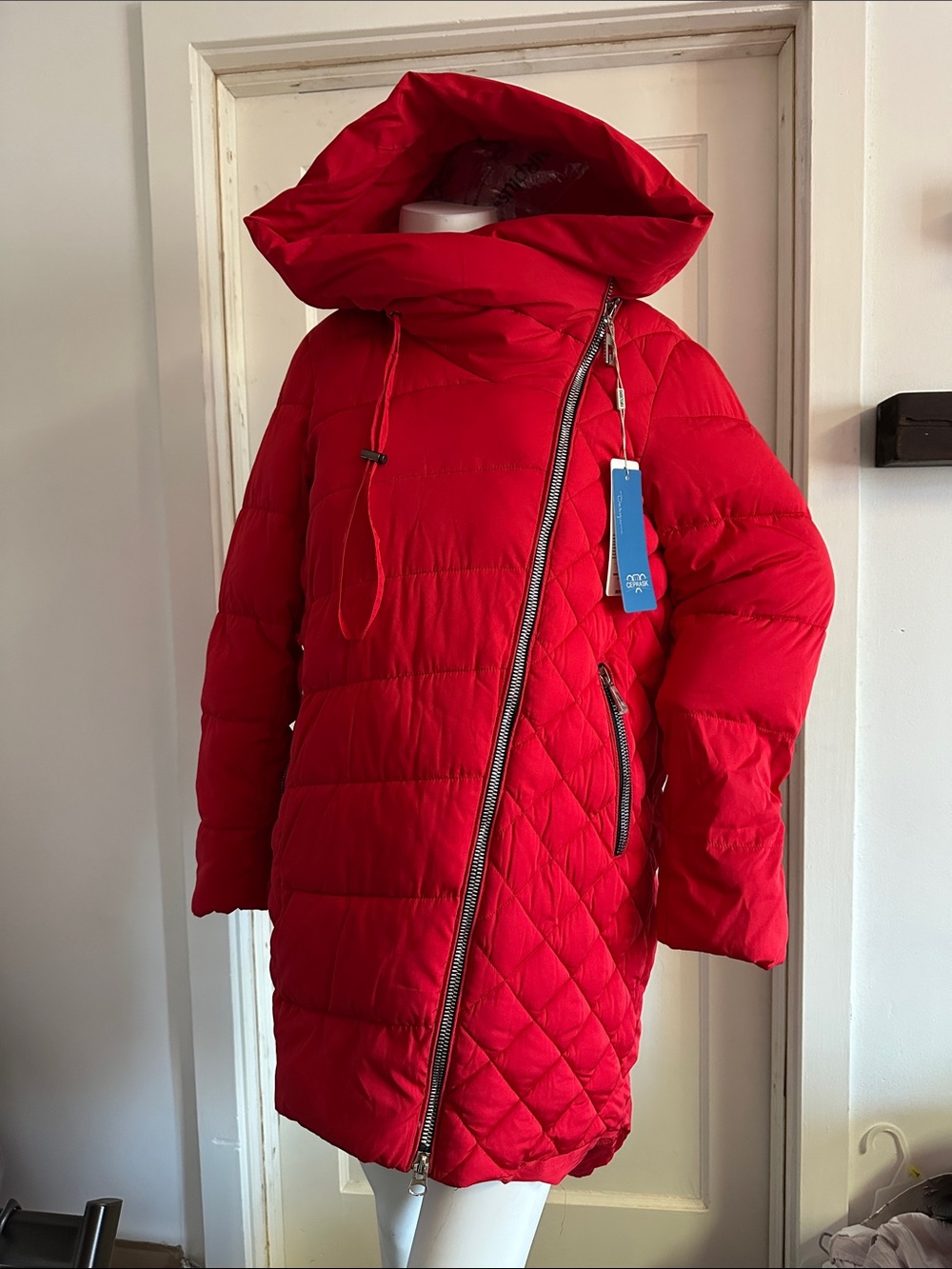 Red Asymmetric Quilted Puffer Coat Jacket fall winter